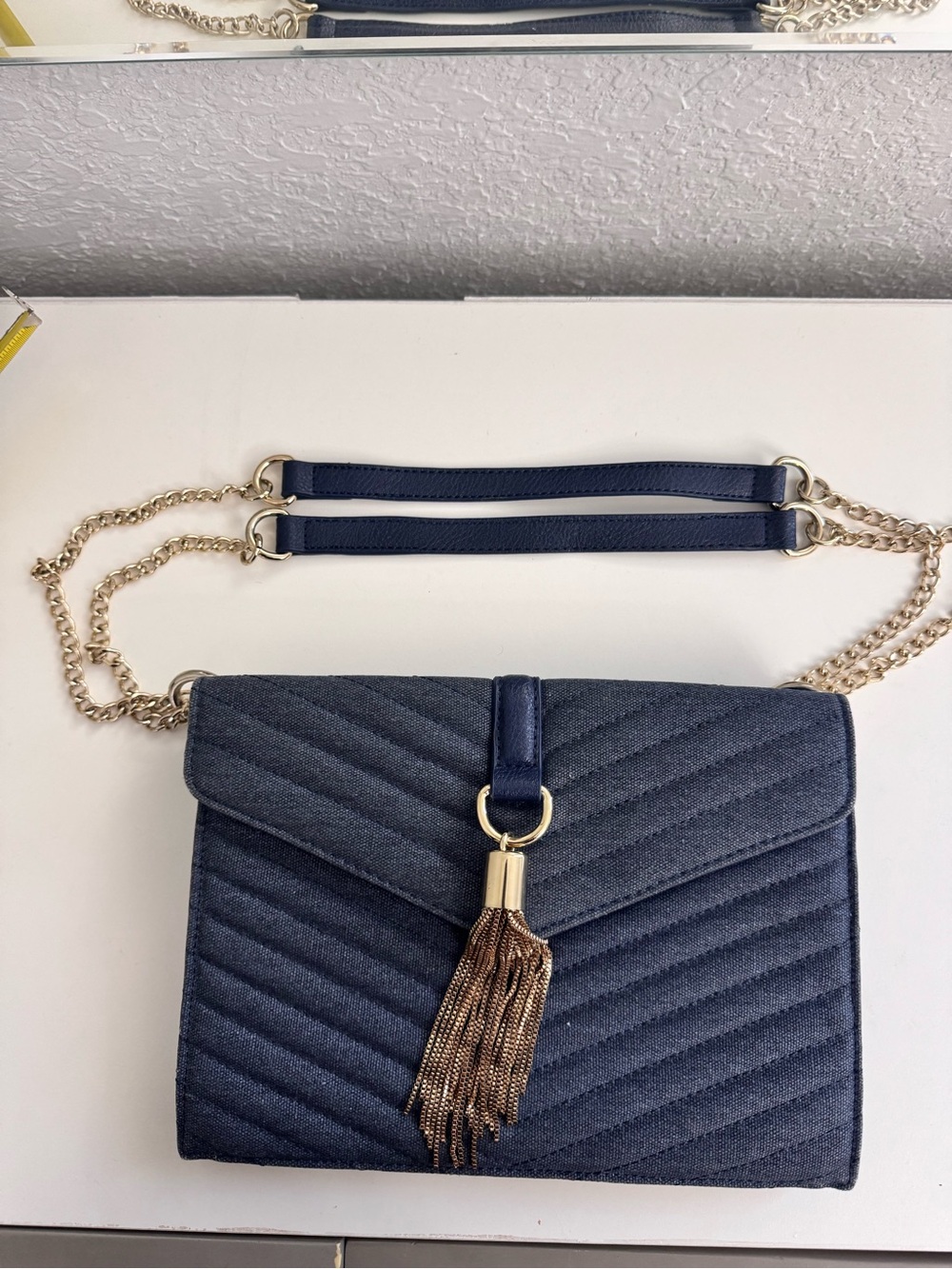International INC Navy Quilted Chain Shoulder Bag with Gold Tassel